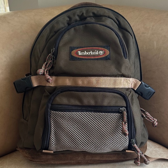 Timberland Canvas Backpack Olive Green/Brown Leather Vintage Hiking School - Picture 1 of 16